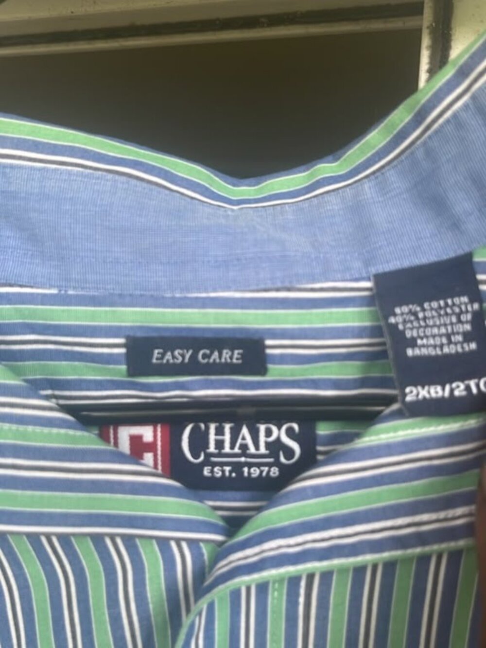 Chaps Easy Care Men's 2XB Blue Green Striped Button Down Shirt Cotton Blend Big - Picture 2 of 3